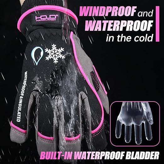 HANDLANDY Waterproof Insulated Work Gloves, 3M Thinsulate Thermal Winter Gloves for Men Women Touch Screen, Warm Ski Snowboard Cold Weather Gloves (Large, Pink)