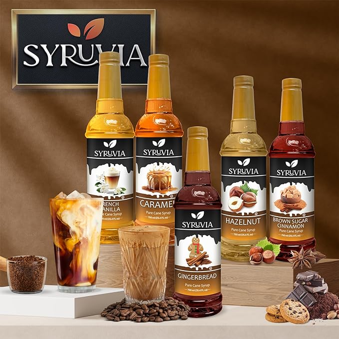 Syruvia Coffee Syrup, Maple Bourbon Pecan Flavored Syrup for Drinks, Lattes, and Desserts – 25.4 fl oz