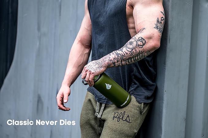 HYDRO CELL Stainless Steel Insulated Water Bottle with Straw - For Cold & Hot Drinks - Metal Vacuum Flask with Screw Cap and Modern Leakproof Sport Thermos for Adults (Army 40oz)