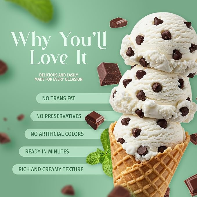 Triple Scoop - Premium Mint Choc Chip Ice Cream Mix For Ice Cream Maker. Simple, Easy, Delicious. From Gourmet Mix To Maker in 5 Min, Makes 2 Creamy Qrts, Made in USA (1 Pack, Mint Choc Chip)