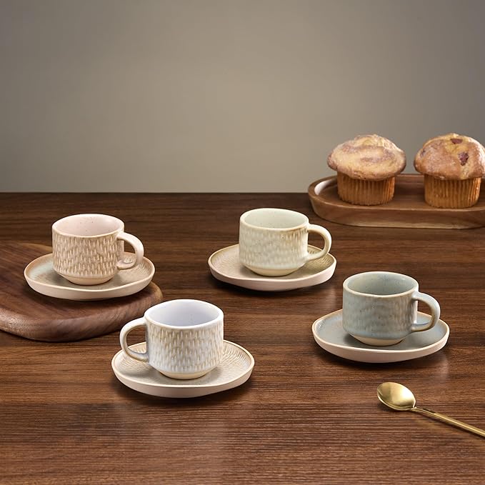 KooK Espresso Mug and Saucer Set, Ceramic Cups and Plates with Rustic Organic Shape and Feathered Texture, Dishwasher and Microwave Safe, 2.7 oz, Set of 4, Neutral Multicolor