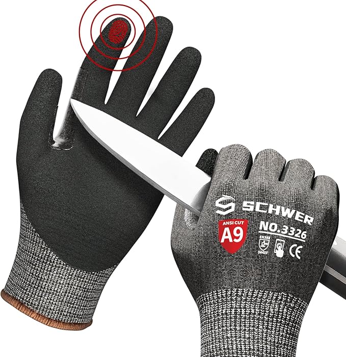 Schwer ProGuard Highest Level Cut Resistant Work Gloves PR3326 for Extreme Protection，ANSI A9 Cut Gloves with Reinforced Thumb, Non Slip, Breathable, Durable, Touch-screen, Non PFAS, Black 1 Pair（M）