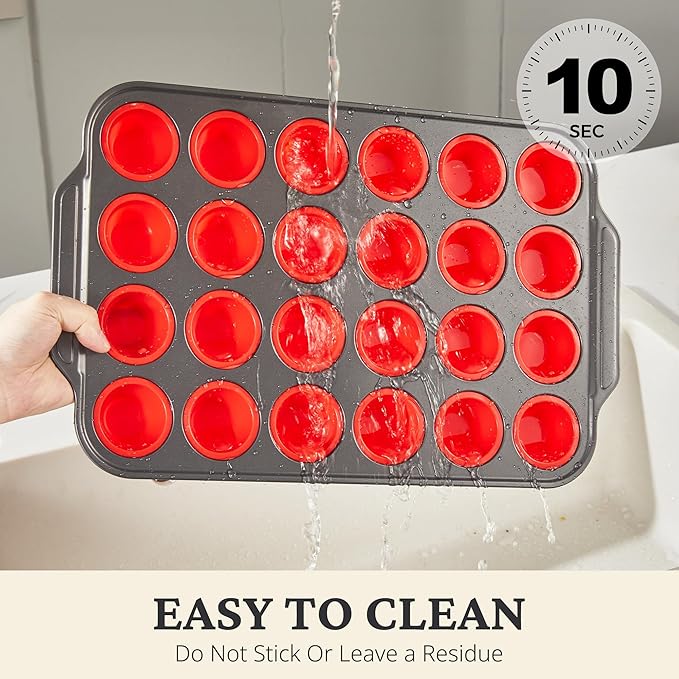 BRONYPRO Silicone Mini Muffin Pan with Metal Frame, Egg Bite Molds for Baking for Baking, Cupcake Pans 24 Regular Size, Muffin Tins Easy to Pop Nonstick Non Toxic Bakeware for Oven,Red
