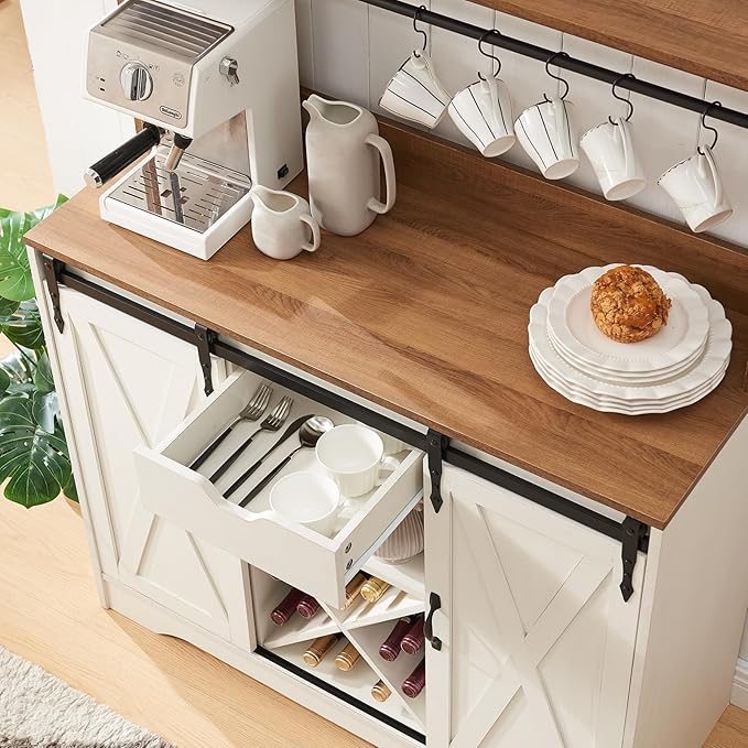 Wnutrees Farmhouse Coffee Bar Cabinet with Charging Station and USB Ports, Sliding Barn Door, 43" Kitchen Hutch Sideboard Buffet Storage Cabinet, Fits Kitchen Dining Living Room, White