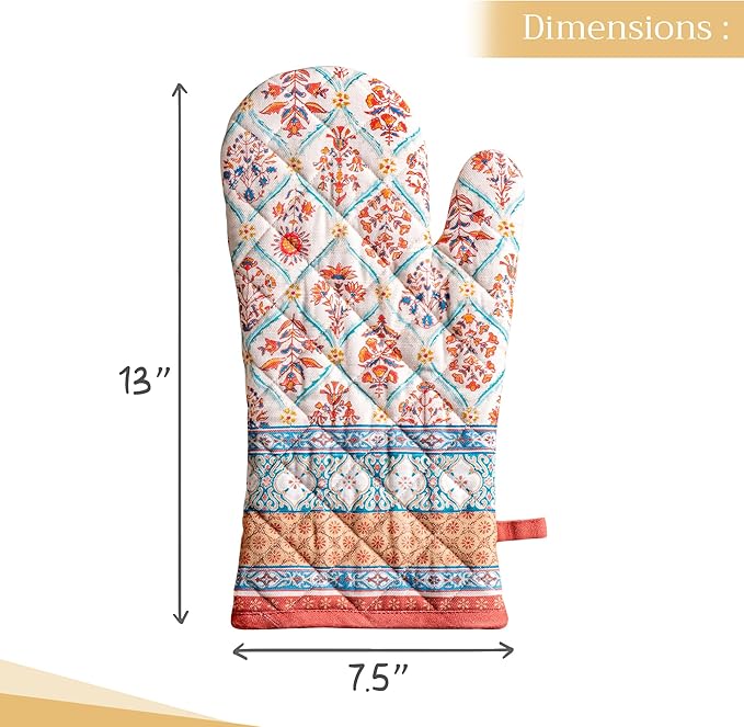 Maison d' Hermine Oven Gloves 100% Cotton Oven Mitt 7" x 13" with Loop Heat Resistant, BBQ, Cooking Gloves, Baking, Grilling, Kitchen, Handling Hot Pans (Pack of 1, Romane)