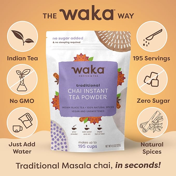 Waka Traditional Chai Tea Powder Mix - Chai Tea Concentrate Sugar Free. Pure Leaves from India, Natural Spices, Unsweetened, No Additives (4.5oz Pouch, 195 Servings)