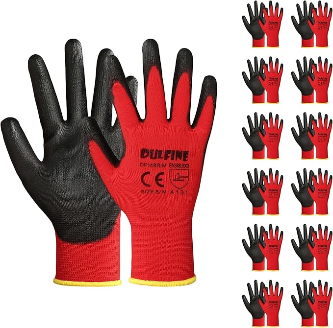 DULFINE Safety Work Gloves PU Coated-12 Pairs,Red Seamless Knit Glove with Polyurethane Coated Smooth Grip on Palm & Fingers, for Men and Women, Ideal for General Duty Work (Small)