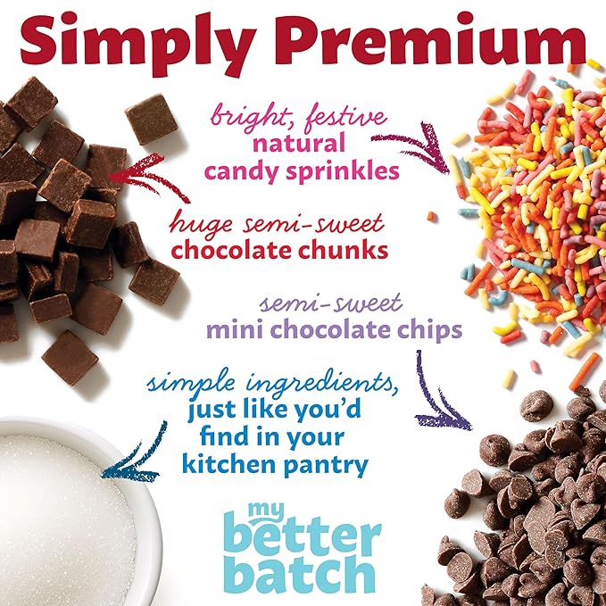 My Better Batch, Try Them ALL: Chocolate Chip, Double Chocolate, Sugar, Celebration Cookie Mix Variety Pack, Simple Cookie Recipe, Makes 64 Large Cookies, Non GMO, Kosher, 16oz (Pack of 4)