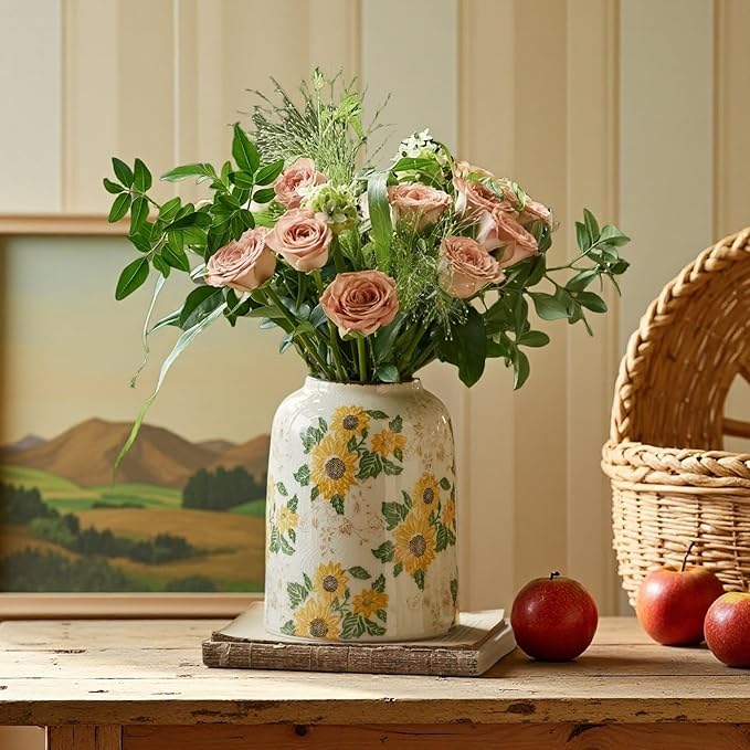 Vintage Ceramic Vase, 7.9 Inch Chinoiserie Sunflower Yellow Floral Vases, Retro Ice Cracked Rustic Antique Flower Vases for Modern Coffee Table Home Decor (Medium Cylinder)
