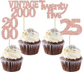Gyufise 24Pcs 25th Birthday Cupcake Toppers Glitter Twenty-five Vintage 2000 Hello 25 Years Birthday Cupcake Picks Cheers to 25 Cake Decor for Happy 25th Anniversary Party Supplies Rose Gold
