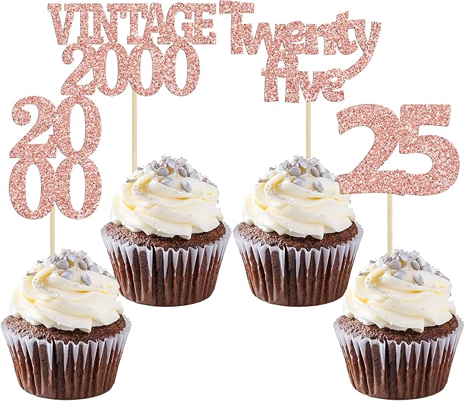 Gyufise 24Pcs 25th Birthday Cupcake Toppers Glitter Twenty-five Vintage 2000 Hello 25 Years Birthday Cupcake Picks Cheers to 25 Cake Decor for Happy 25th Anniversary Party Supplies Rose Gold