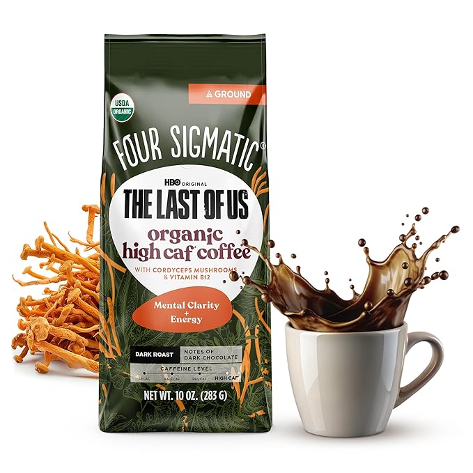 Four Sigmatic The Last of Us High Caffeine Cordyceps Coffee | Organic Dark Roast Extra Strong Ground Coffee with L-Theanine | Energy Booster Without the Jitters | 10oz Bag
