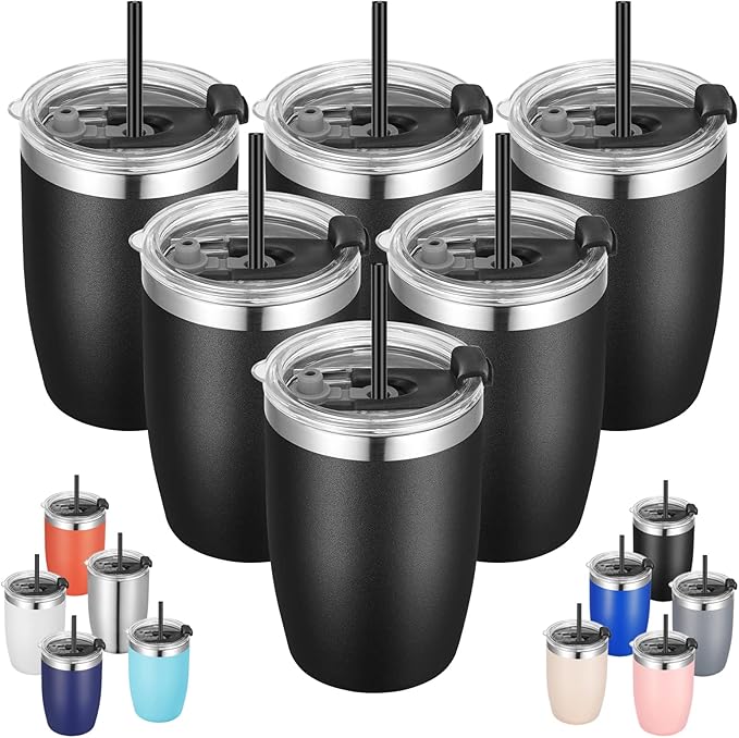 VEGOND Stainless Steel 12 oz Tumblers bulk Vacuum Insulated Double Wall Travel Tumbler with Lid and Straw Reusable Tumbler, Black 6 pack