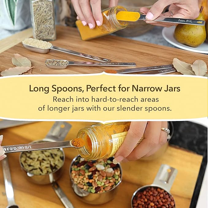 Simply Gourmet Measuring Cups and Spoons Set of 12 – 18/8 Stainless Steel Kitchen Gadgets – Stackable Design with Long Handle Spoons – Fits in Jars – Cooking & Baking Measuring Set for Dry & Liquid