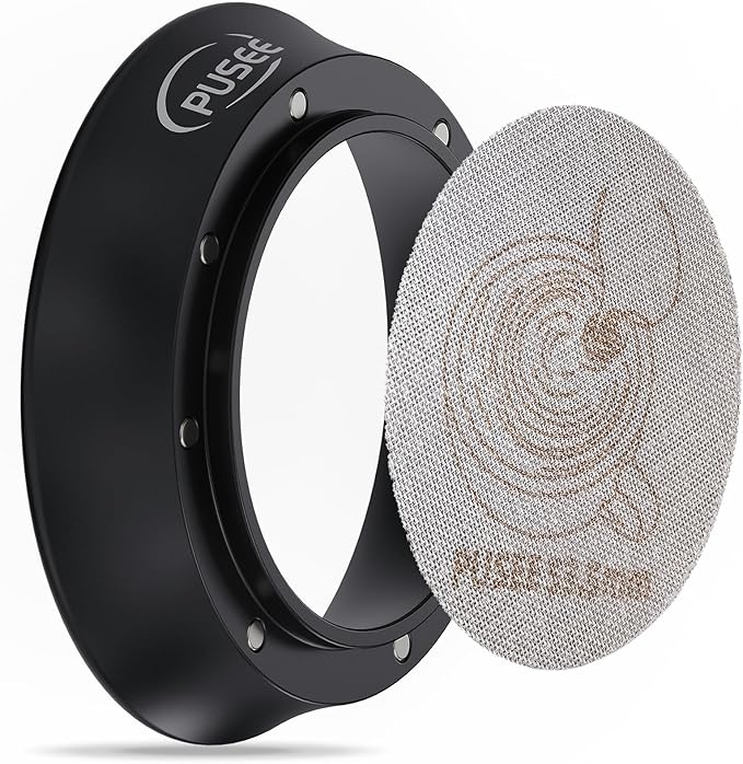 58mm Espresso Dosing Funnel & 58.5mm Puck Screen,PUSEE Coffee Dosing Ring Aluminum Metal,Reusable 1.7mm Thickness 150μm Espresso Puck Screen 316 Stainless Steel Fits 58mm Portafilter