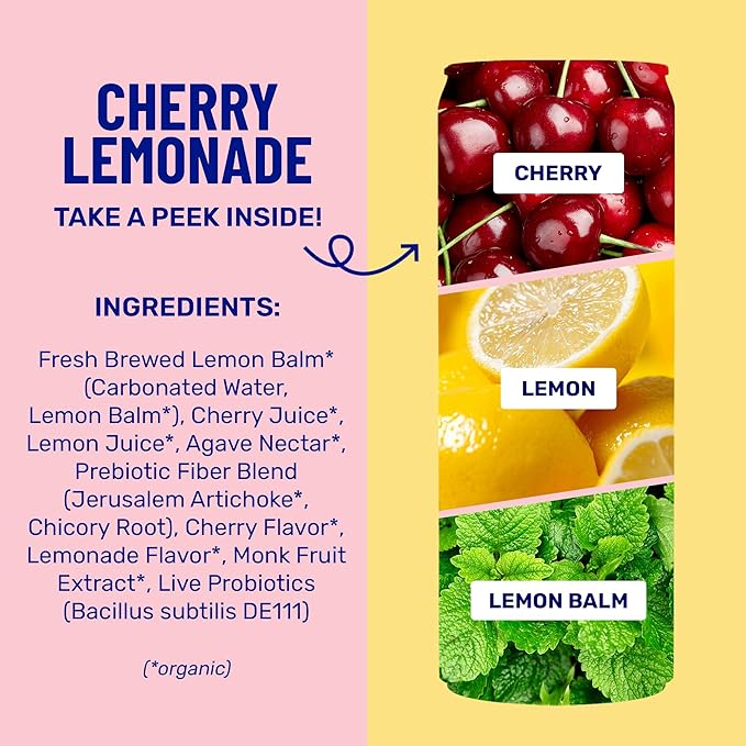 NEW! wildwonder Sparkling Probiotic Drink 12pk, For Gut Health & Immune Support, Cherry Lemonade, 5g Prebiotic Fiber, Live Probiotics, Organic, Vegan, Low Sugar, 12 Pack, 12oz Can, Seen on Shark Tank
