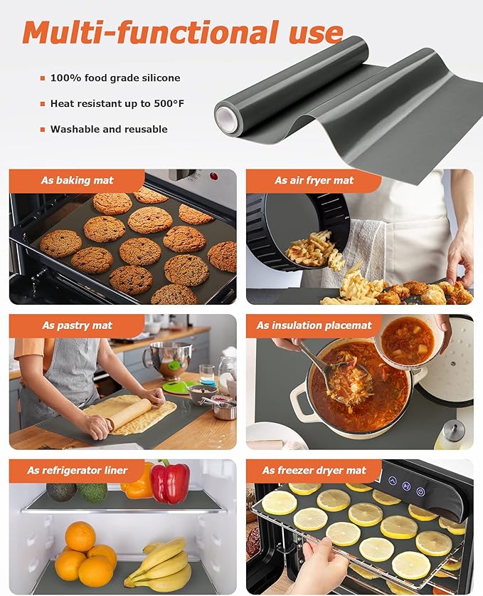 Silicone Baking Mat Roll - Best German Silicone - Non-slip Silicone Pastry Mat, Non-Stick Reusable Air Fryer Linner, Counter Mat, Oven Liner, Freeze Dryer Mat - 12IN x 13.3FT