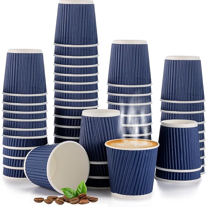 200 Pcs 4oz Paper Espresso Cups Ripple Wall Hot Cups For Coffee Disposable Coffee Cup Paper Hot/Cold Drinking Cups for Party, Picnic, Travel and Events (Blue)