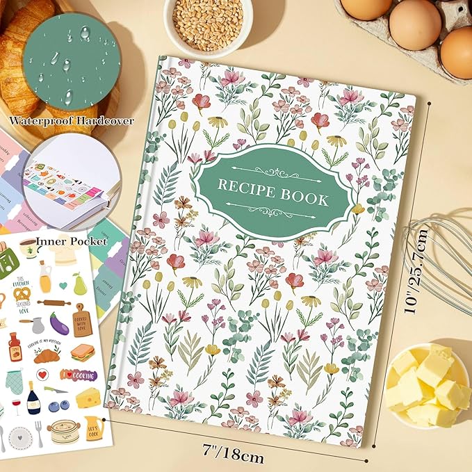 Lanpn Blank Recipe Book Cookbook for 70 Recipes, B5 Waterproof Empty Recipe Notebook to Organize Your Family Recipes, Leather Cooking Journal with Stickers to Write in Your Own Recipes, Green