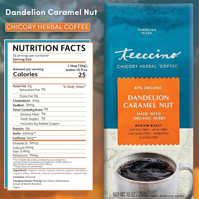 Teeccino Dandelion Caramel Nut Herbal Coffee - Caffeine-Free Coffee Alternative with Prebiotics, Gluten Free, Acid Free - Medium Roast, 10 oz