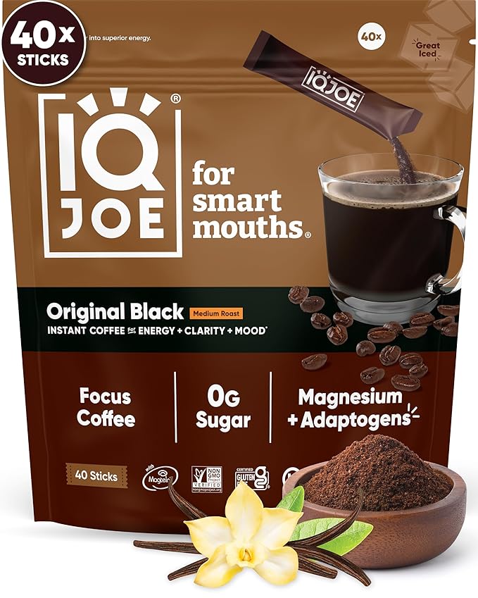 IQJOE Mushroom Coffee Packets (40 Servings) Lion’s Mane, Magtein Magnesium, Antioxidants, Adaptogens - Original Black - Instant Coffee for Focus, Clarity, Mood, Energy Boost - Sugar Free, Keto, Vegan