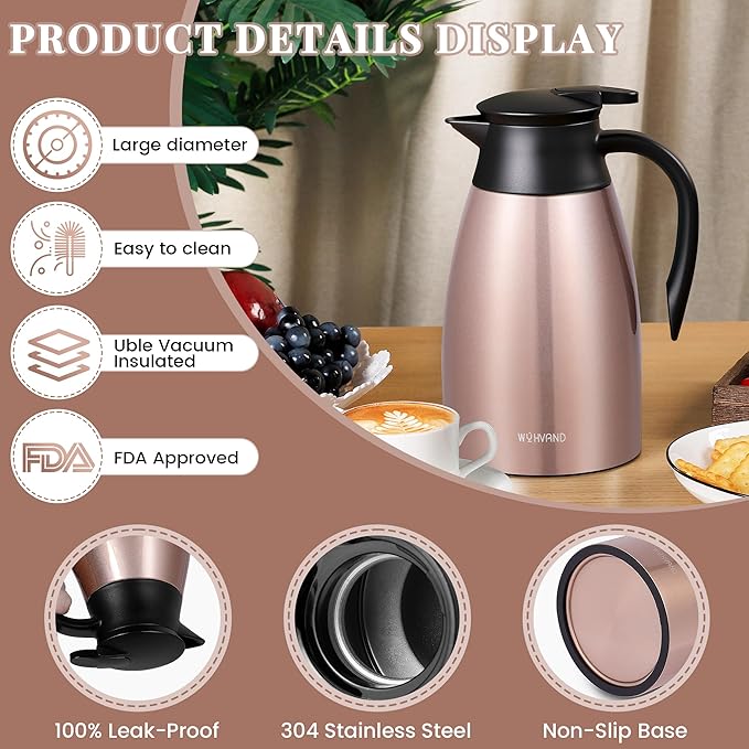 51 Oz Thermal Coffee Carafe, Stainless Steel Insulated Vacuum coffee crafts to keep coffee hot, 1.5 Liter Tea Water Coffee and Beverage Dispenser (Copper)