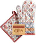 Maison d' Hermine 100% Cotton Oven Mitt & Pot Holder Set (7.5"x13" & 8"x8") Heat Resistant BBQ Cooking Gloves with Loop, Baking, Grilling, Kitchen, Handling Hot Pans (Romane)