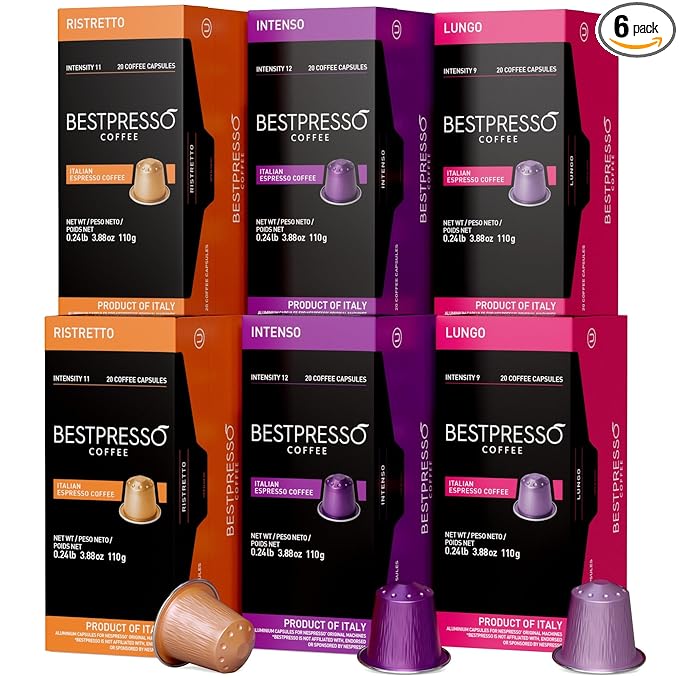 Bestpresso Coffee For Nespresso Original Machine 120 Aluminum Pods Certified Genuine Espresso Variety Pack Pods Compatible with Nespresso Original (Intense Variety Pack)