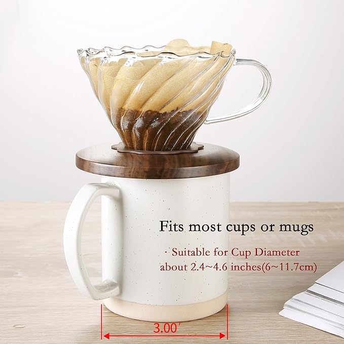 Pour Over Coffee Dripper with 100 pcs of Size 02 Paper Filter, Borosilicate Glass & Walnut Collar, Drip Coffee Maker, 1-3 Cups, Clear (Coffee Dripper)