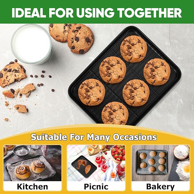 P&P CHEF Baking Oven Sheet Pan with Rack for Cookie, Nonstick Oven Tray and Cooling Rack for Baking & Roasting, Easy Clean, Black, 10.4 x 8 Inch