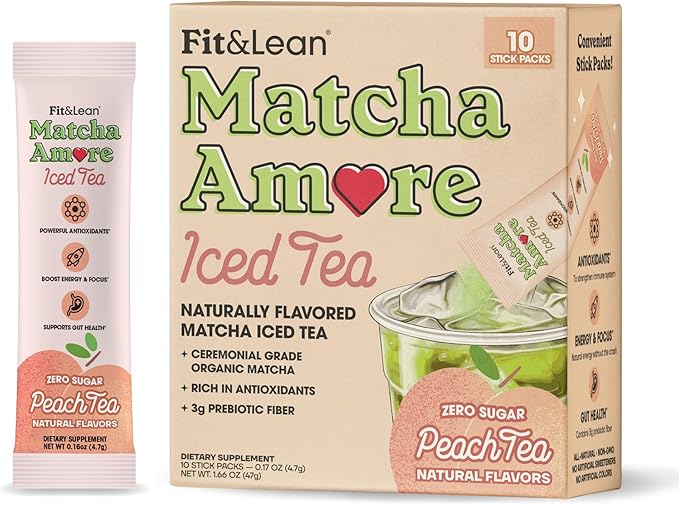 Fit & Lean Matcha Amore Iced Tea, Organic Ceremonial Grade Matcha Green Tea, Prebiotic Fiber, L-Theanine, Naturally Sweetened, NON-GMO, 0 Sugar, Peach Iced Tea, 10 Stick Packs