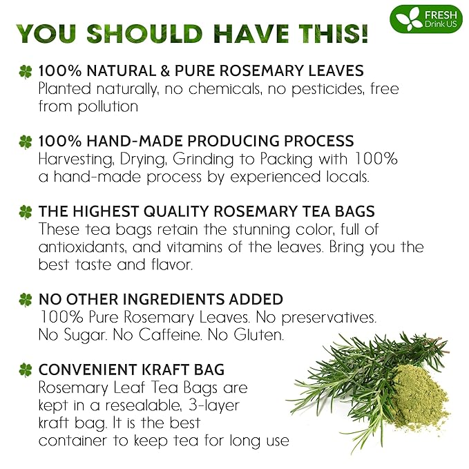 FreshDrinkUS, Premium 135 Rosemary Leaf Tea Bags, 100% Natural and Pure Rosemary Dried Leaves, Pure Rosemary Herbal Tea, No Additives, No Caffeine, No Gluten, Vegan. (135 Tea Bags)