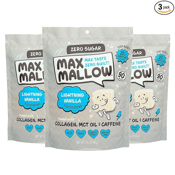 Max Mallow Sugar Free Marshmallows - Keto Friendly, Perfect for S'mores, Hot Chocolate, and Baking with Zero Sugar Snacks, Smores Mct Oil Zero Sugar Marshmellow Marshmallow Lightning Vanilla, 3 Pack