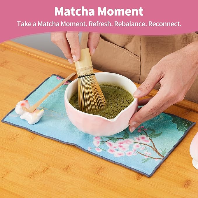 7 Pcs Matcha Whisk Set, Matcha Set Pink,Matcha Kit,Matcha Tea Set,Matcha Bowl Set with Pink Cat Scoop Holder, Tea Cloth, Sifter(Gradient Pink)