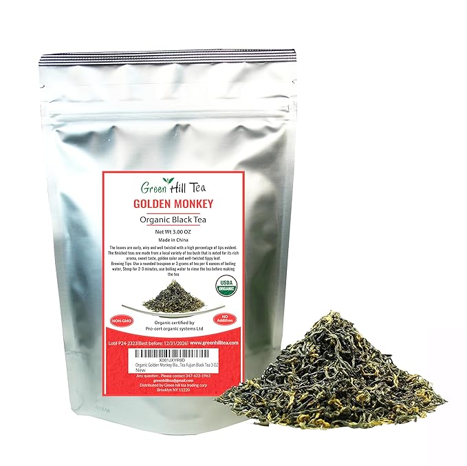 Greenhilltea,Organic Golden Monkey Black Tea Premium Loose leaf Tea Fujian Black Tea 3 oz