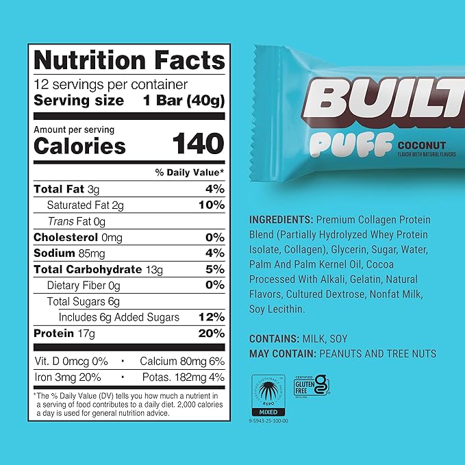 Built Bar, Puff Protein Bars, Coconut Puff, 17g Protein Snacks, On-The-Go Bars, Only 140 Calories, 6g Sugar, Collagen, Gluten Free, 12 Count