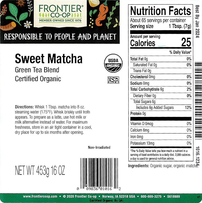 Frontier Bulk Sweet Matcha Green Tea Blend, Organic, 1 Pound