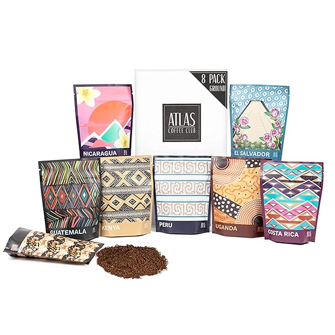 Atlas Coffee Club World of Coffee Discovery Set - Gourmet Coffee Gift Sampler - 8-Pack Variety Box of the World’s Best Single Origin Coffees - Freshly Ground Coffee
