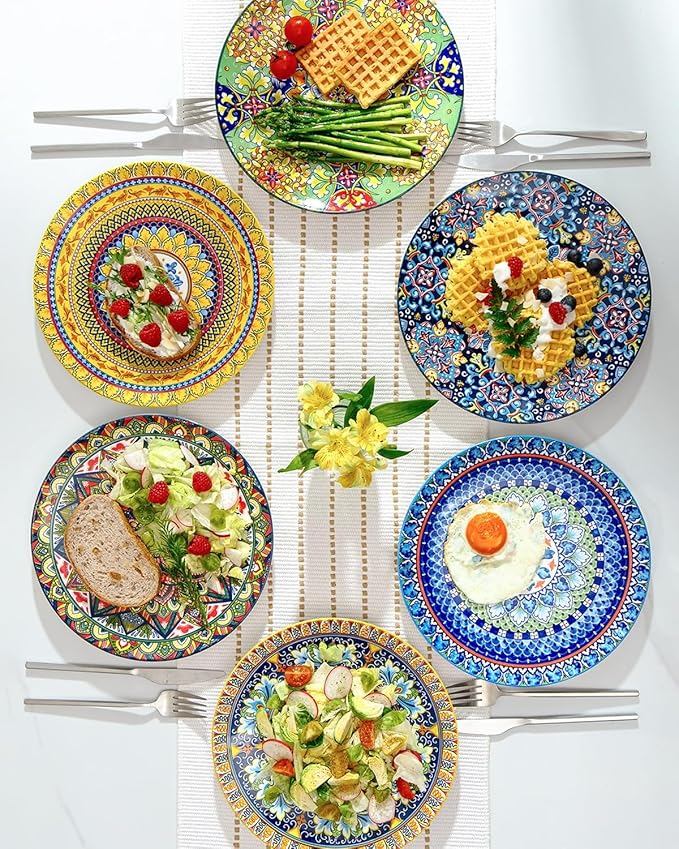 getstar Dinner Plates Set of 6, 10.5 Inch Ceramic Plates, Microwave, Oven and Dishwasher Safe, Colorful Bohemian Style Dishes for Kitchen