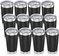 20 oz Tumbler with Lid Stainless Steel Insulated Tumblers Bulk Double Wall Vacuum Cups Powder Coated Travel Mug Keep Drinks Cold and Hot, Black, 12 Pack