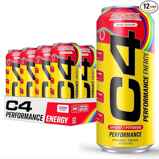 Cellucor C4 Performance Energy Drink | Cosmic Rainbow | Zero Sugar Carbonated Preworkout Energy | 200mg Caffeine with Beta Alanine | 16 Fl Oz (12 Pack), Packaging May Vary