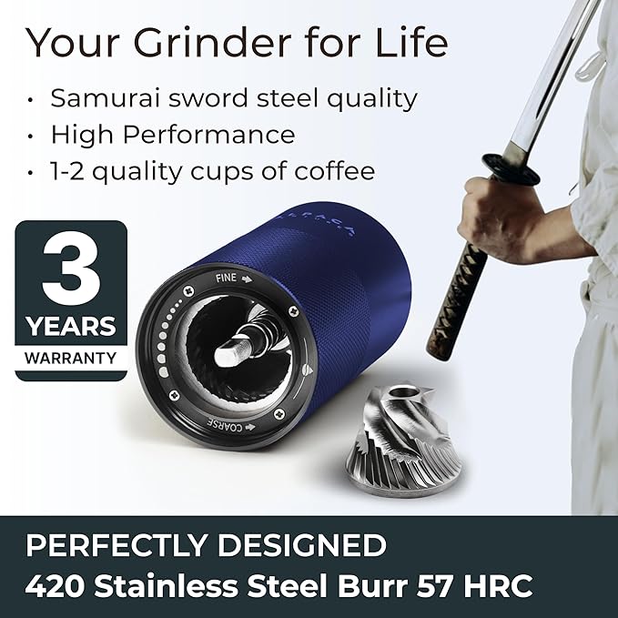 Manual Coffee Grinder by Alpaca Ventures - Stainless Steel Conical Burr Coffee Grinder Manual with Adjustable Setting Double Bearing Hand Espresso Grinder Perfect for Home, Office and Camping