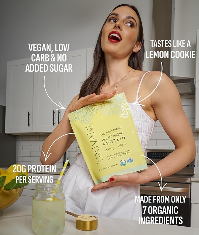 Truvani Vegan Pea Protein Powder | Lemon Cookie | 20g Organic Plant Based Protein | 20 Servings | Keto | Gluten & Dairy Free | Low Carb | No Added Sugar