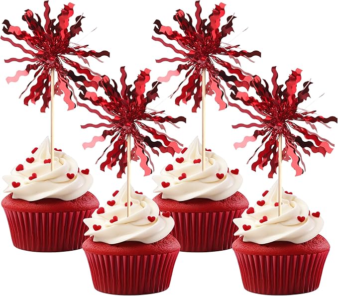 30 PCS Foil Firework Cupcake Toppers Sparkle Tinsel Cupcake Picks Happy Birthday Cake Toppers Drink Stirrers Cocktail Food Fruit Toothpicks for Baby Shower Birthday Party Decorations Supplies Red