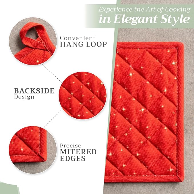 Maison d' Hermine Pot Holders Set 100% Cotton Heat Resistant Potholders 8" x 8" Hot Pads with Loop BBQ, Cooking, Baking, Grilling, Kitchen, Handling Hot Pans (Pack of 2, Noel)