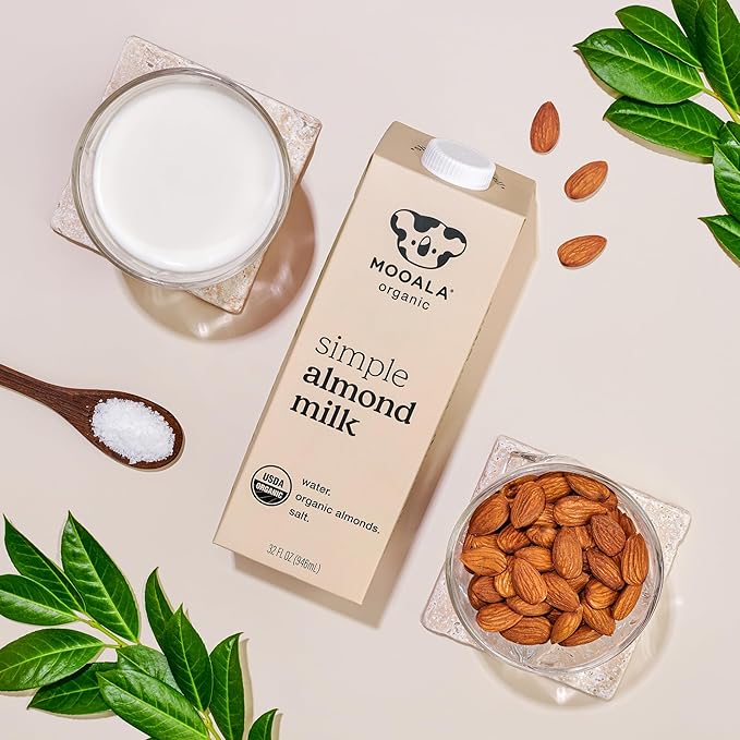 Mooala Organic Simple Almond Milk, 32oz - 3 Ingredient, Shelf Stable, No Gums, No Oils, No Fillers, Unsweetened, Non-GMO, No Additives, Dairy Free Plant Based Milk, 6 pack