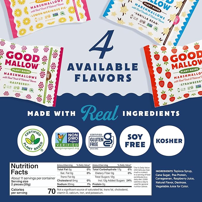 GoodMallow Vegan Marshmallows - Large Kosher Halal Gluten Free Dairy Free Healthy- Natural Gelatin Free Marshmallows for Hot Chocolate, Smores, Baking - Nothing Artificial, Made in USA (White Vanilla ) (Pack of 2)