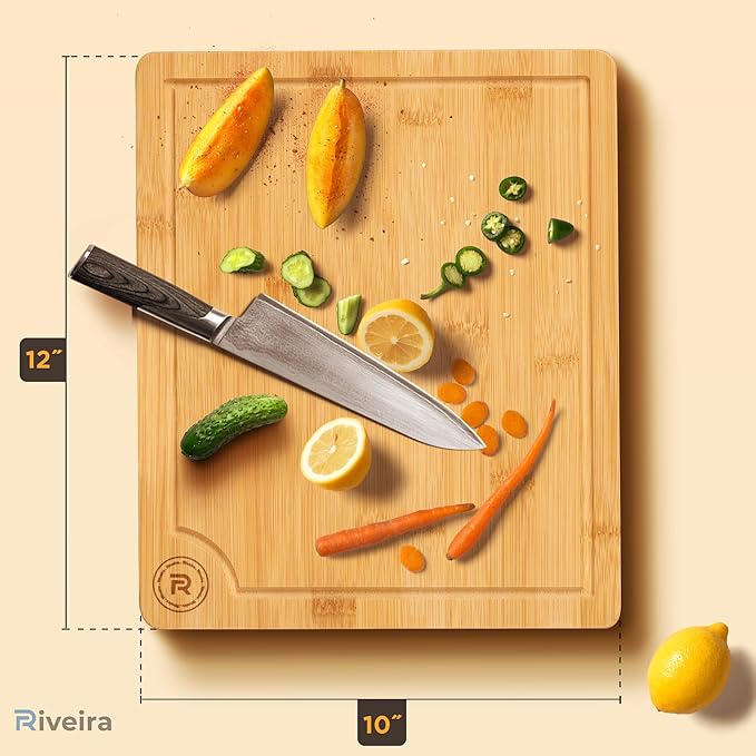 Riveira Cutting Boards For Kitchen – Gourmet Bamboo Grandeur: 12 x 10 Wood Cutting Board – Natural Bamboo Cutting Board – Innovative Juice Grooves Wooden Cutting Boards For Kitchen