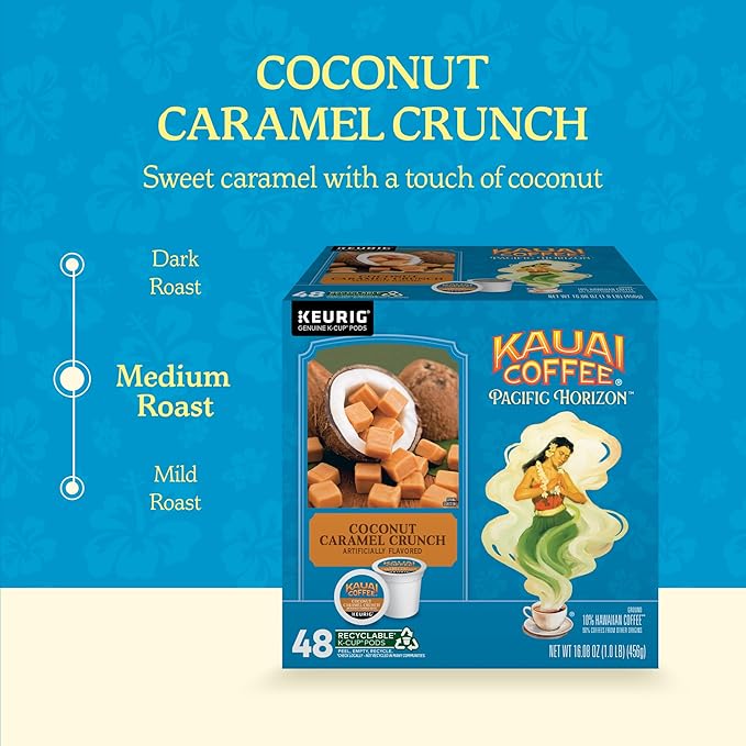 Kauai Coffee K-Cup Pods for Keurig Brewers – Arabica Coffee, 10% Hawaiian – Medium Roast, Nutty Caramel with Tropical Coconut – Coconut Caramel Crunch, 1 Pack of 48 Single Serve K-Cups
