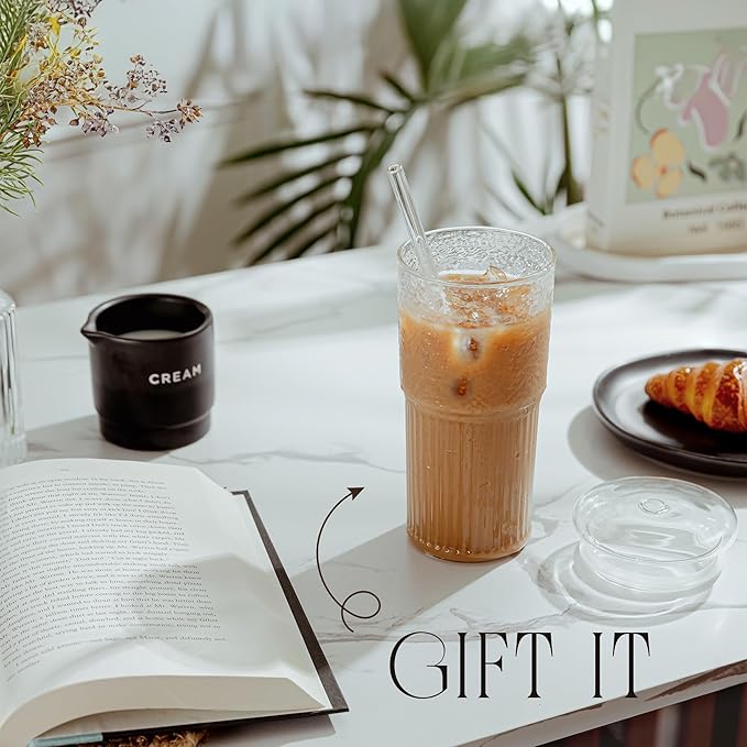 Glass Cups with Lids & Glass Straws, 20 Ounce High Borosilicate Iced Coffee Tumbler 2 Pack